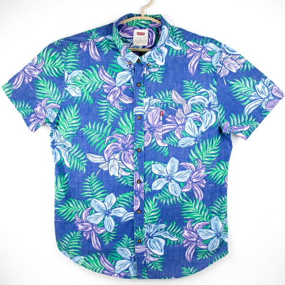 Levi's Men's Size XL Hawaiian Button Up Floral Blue Green Purple Shirt - Picture 1 of 8